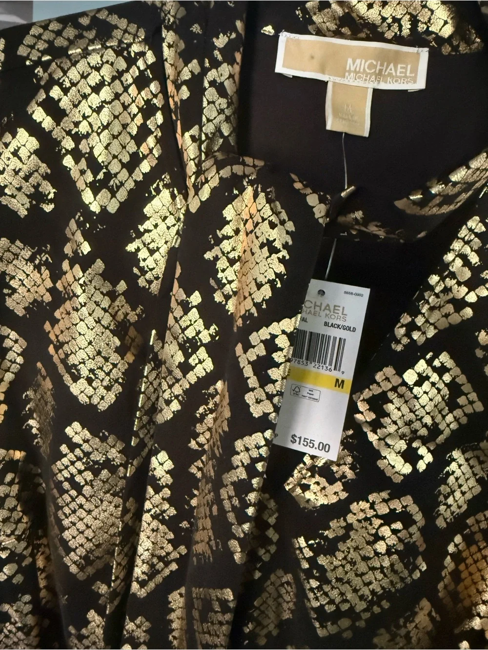 Michael Kors Metallic Snake-Print Tie-Neck Long-Sleeve Dress in Black and Gold